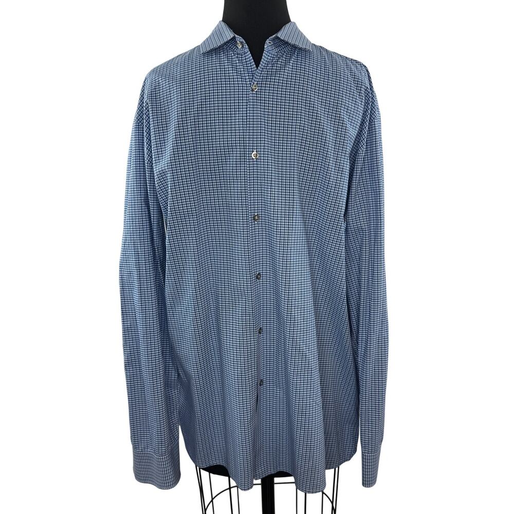 Hugo Boss Blue White Dress Shirt Mini-Plaid Stretch Slim Casual Formal Size 16.5